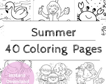 Summer Coloring Book, Beach Coloring Pages for Kids, 40 Printable Pages - Instant Download