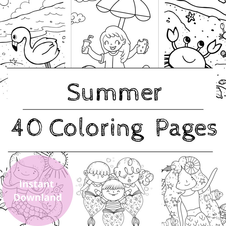 Summer Coloring Book, Beach Coloring Pages for Kids, 40 Printable Pages - Instant Download image 1