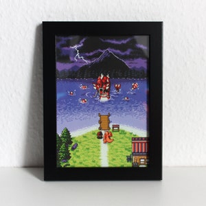 Può includere: Una stampa di pixel art incorniciata che raffigura un drago rosso che emerge da un lago con un temporale in corso sullo sfondo. Due figure si trovano su un sentiero che conduce a un piccolo edificio.