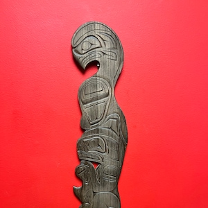 Signed 21 x 5 inch Wide indigenous first nations Pacific Northwest coast plaque of an eagle bear and fish