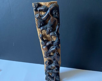 Auténtica estatua africana de madera de ébano tallada Makonde de 15 pulgadas de alto: detalles asombrosos.