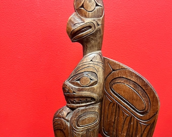 9 x 15” tall older stunning indigenous first nation specific northwest coast Eagle transformation totem pole — amazing piece