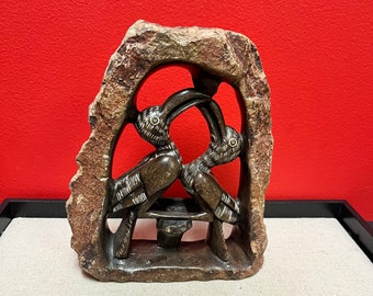 Lovely 7 x 8” tall Zimbabwe soapstone and rock bird sculpture  — incredible detail and very heavy