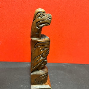 A  Stunning antique indigenous first nations Pacific Northwest coast Vancouver Island, Basil James eagle transformation totem pole — 9” high