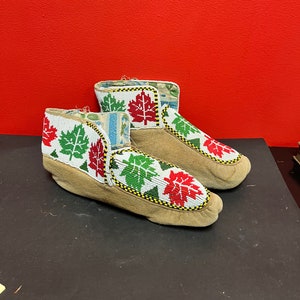 11 x 4 x 6” high fabulous antique indigenous, first Nations, Pacific Northwest coast, leather and heavily beaded moccasins— some as is