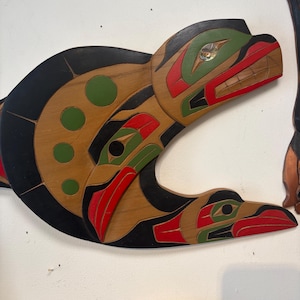 Stunning indigenous first nations, Pacific Northwest coast signed 28 x 12” wide cedar killer whale transformation plaque with abalone  — wow