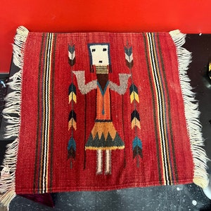 Museum quality 22 x 18” high  authentic Navajo yei textile in Fabulous condition — deep red background — wow