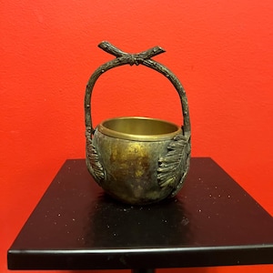 Fabulous Japanese bronze and brass 6 inch handled plant pot — original insert — stunning patina — really beautiful antique bronze piece