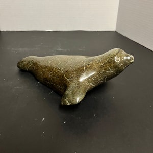 Antique 10 inch long authentic carved Inuit soap stone carved seal