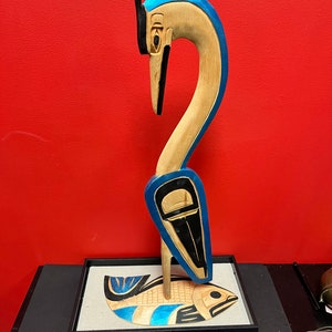 A  Stunning 24” x 12” wide Charles George, indigenous first Nations Pacific Northwest coast heron on fish — last one of this style