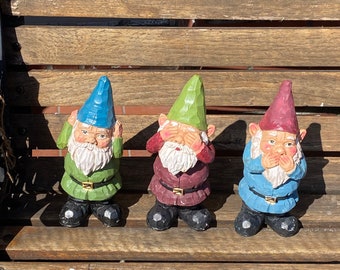 Adorable set of 3 8 inch gnomes — Concrete with porcelain bobble  heads — see no hear no speak no evil — Amazing garden gift