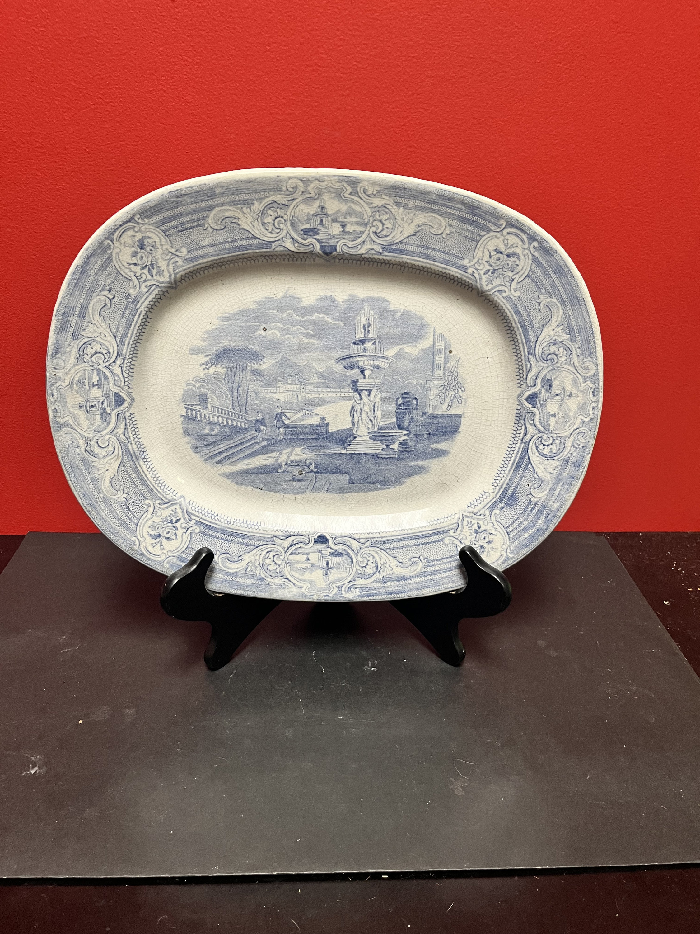 Stunning early 19th century perfect condition English blue and white platter — fabulous scene —