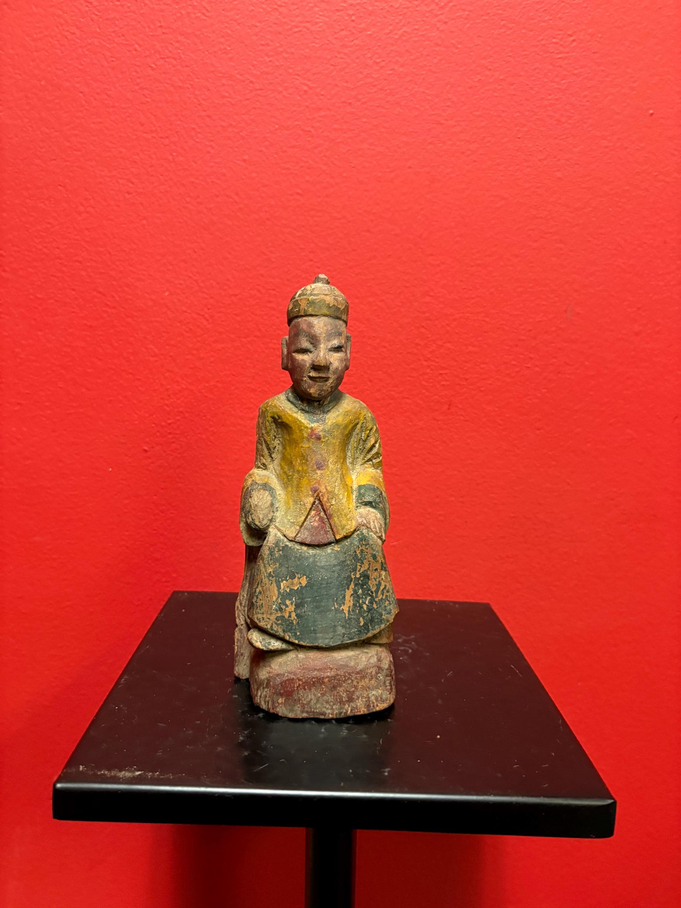 Ancient Chinese polychrome wooden deity — great colours and condition — 8 inches tall
