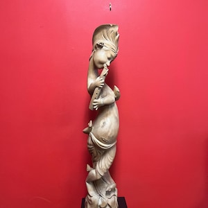 Stunning antique Indonesian teak statue of a musical player with mice — powerful imagery and 29 inches tall — some age cracks see photos