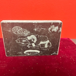 Lovely indigenous inuit soapstone plaque  6 x 4 x 1” high  - signed — as is damage on corner —
