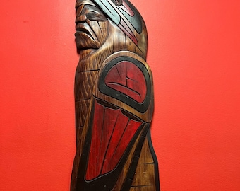 Stunning 31 x 10” indigenous first nations, Pacific Northwest Coast Richard Charlie  cedar plaque -  chief Eagle transformation - wow