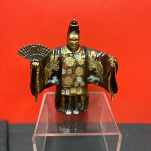 Fabulous 8 inch old Japanese gilded bronze statue of a fancy man holding a fan  — exquisite patina and quality- heavy