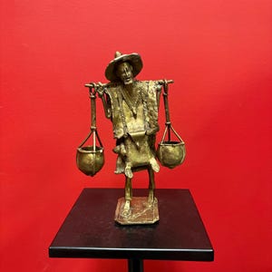 Gorgeous African bronze statue of a man carrying buckets — old piece with great patina — 9 1/2 inches tall — great gift