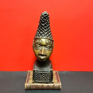 Rare 13 x 3.5 inch wonderful antique authentic African Benin bronze bust