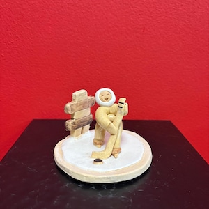 Beautiful Canadian indigenous Inuit signed clay statue of Eskimo and Inukshuk— handmade — approx 3”  high — perfect condition — great gift