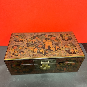 A  14 x 7 x 4 inch high Japanese signed lacquer antique box with bronze latch — immaculate condition and detail —