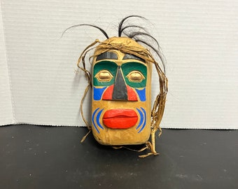 8 x 4 signed authentic stunning, indigenous, first Nations Pacific Northwest coast painted mask with copper eyes — really beautiful gift