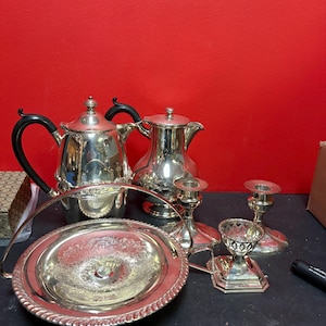 Large lot of English antique silver plated — egg cup, hot water pots candlesticks etc. — great gifts or  to use — value priced