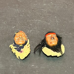 Lovely indigenous first nations pair of decorative heads — celebrating chief Seattle and his daughter — 3 inches each