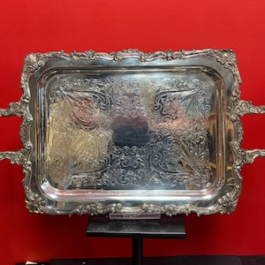 Beautiful antique silver plated 23 x 13”  tray with handles and lovely feet— great to use or gift — heavy and good quality