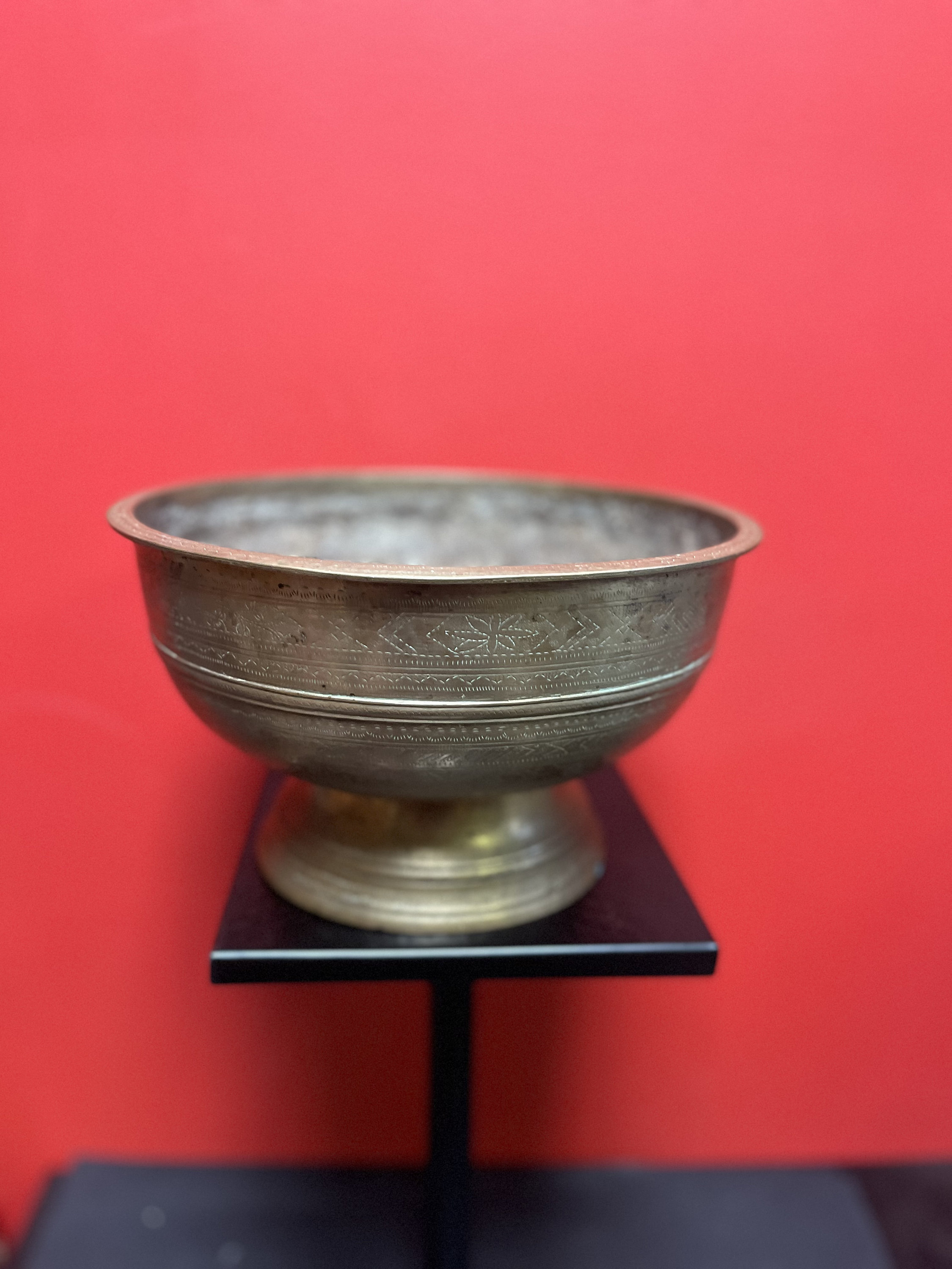 Museum quality fabulous Syrian engraved brass medicine or magic bowl  — thought to  be early 18 century — wow — fantastic Patina — 10 x 6”