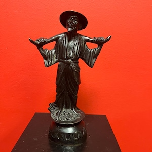 9.5 x 6 inch wide Chinese bronze statue of a man — lovely patina  and great quality — good condition and great value — heavy
