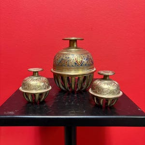 Three cool brass Indian vintage bells — 2 and 4 inches high