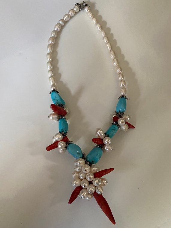 Fantastic pearl turquoise and coral necklace - image 1