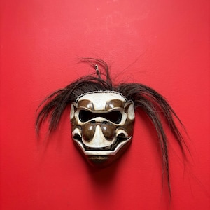 Lovely 9 inch Asian monkey mask — wooden with hair and reticulating jaw— older cool piece