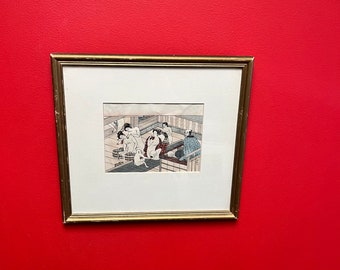 Absoluut fantastische Japanse houtsnede van 11 x 14 inch van een onsen — sento — prachtige afbeelding en inlijsting — foto van hoge kwaliteit —