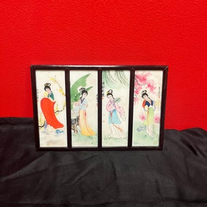 9 x 7 signed Chinese, four seasons, Rosewood and porcelain handpainted plaque