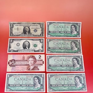 Lotto di 8 banconote da uno e due dollari canadesi e americani