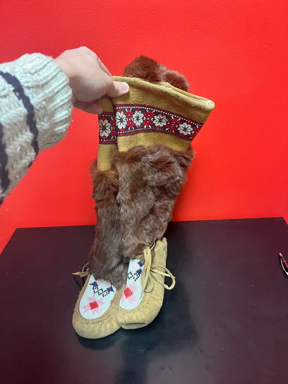 A Stunning Antique Indigenous First Nations 16 Inch High Moccasins