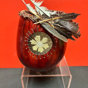 Unusual lovely 7.5 inch high, signed Navajo wooden vase with accessory decoration