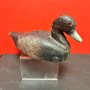 Lovely 14 by 6.5 inch high antique Canadian late 19 century duck decoy — wonderful patina, and a crack in the neck — wow