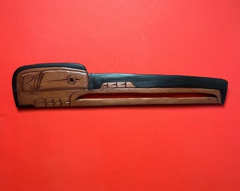 Beautiful 23 x 5 indigenous first nations pacific  northwest coast raven  plaque by Brad Joseph Junior — signed and great detail —