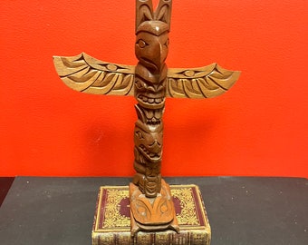 Stunning indigenous, first nations pacific northwest coast 13 inch tall Cedar signed totem pole — wonderful imagery and detail