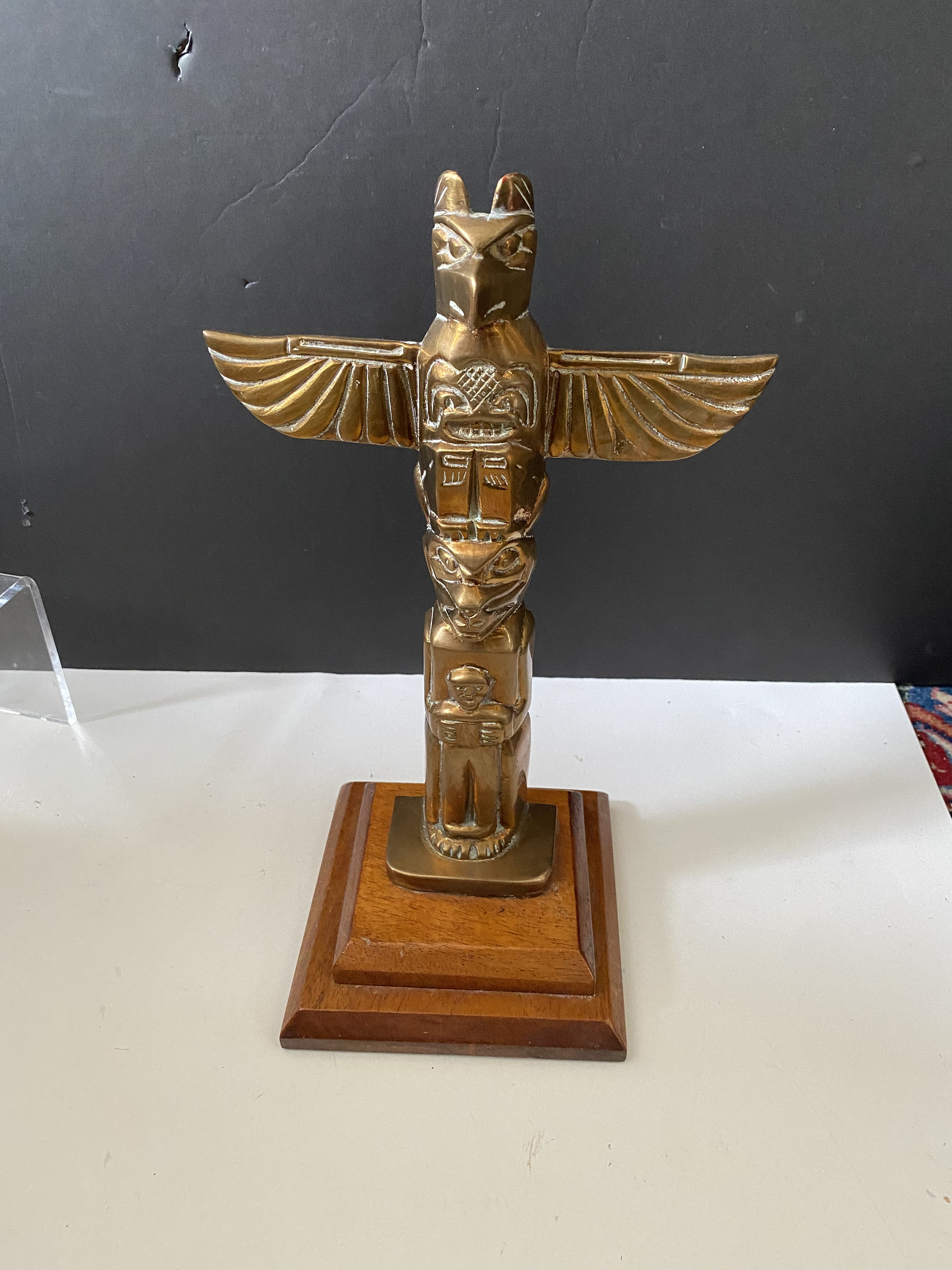 A  Fantastic 14 x 6 Canadian antique bronze totem  on wood base — Super patina in great condition — wow — 2 kg
