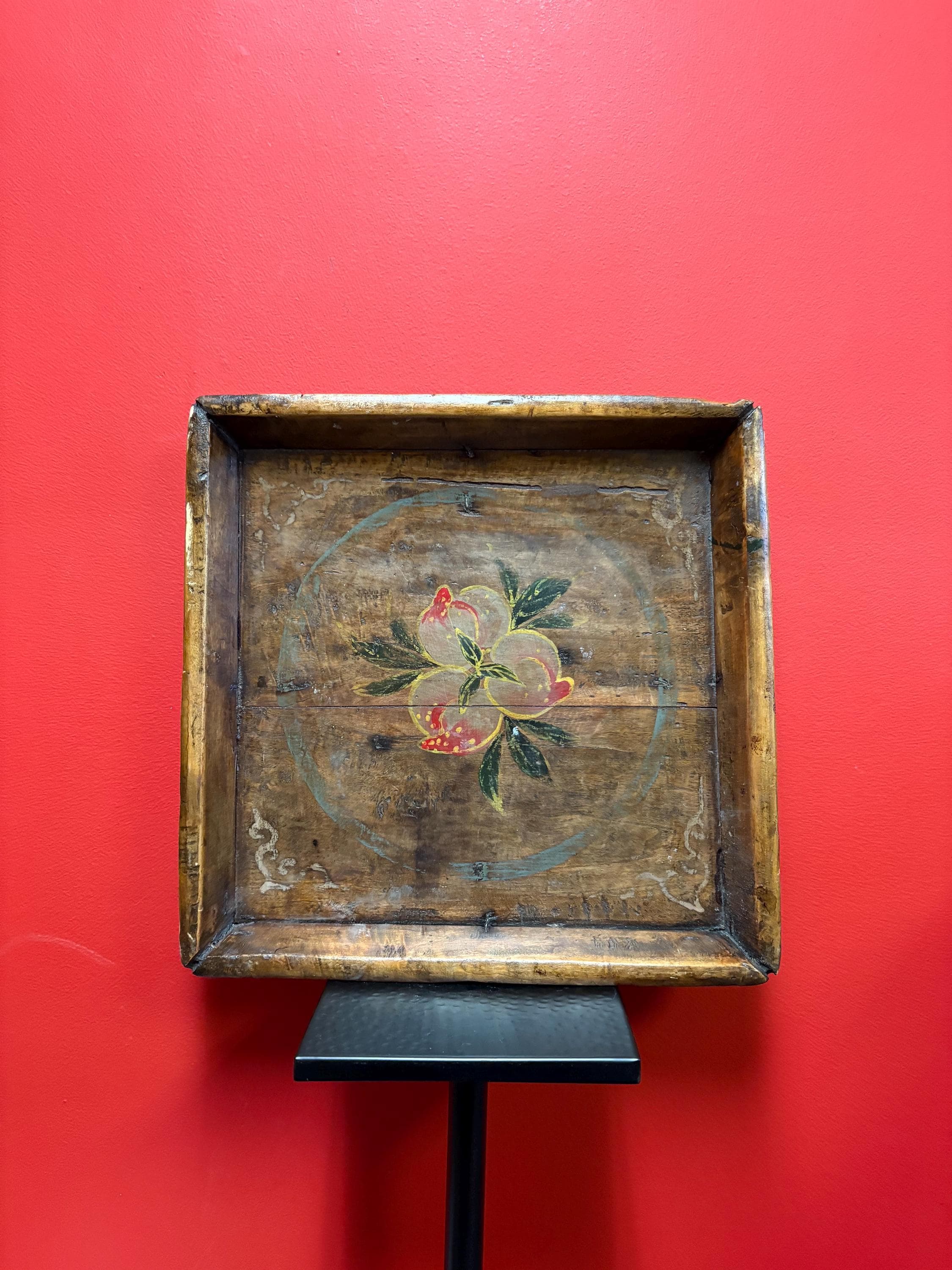 Wonderful 19 century 19 inch Asian wooden painted tray — great patina and could be hung — wow