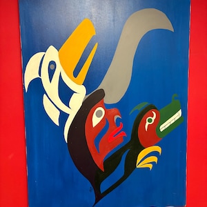 Stunning indigenous first nations Pacific Northwest Coast 40 x 30” acrylic painting on canvas Signed RG — wonderful imagery