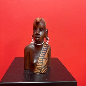 Beautiful old African statue with beaded shell necklace — 7 inches high — great imagery — perfect gift