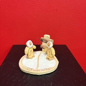 Beautiful Canadian indigenous Inuit signed clay statue of Eskimo and Inukshuk— handmade — approx 3”  high — perfect condition — great gift