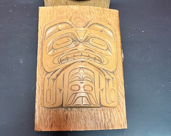 Lovely 9 by 7.5 by .5 inch cedar Indigenous first nations, Alaskan signed transformation  plaque - need hanger