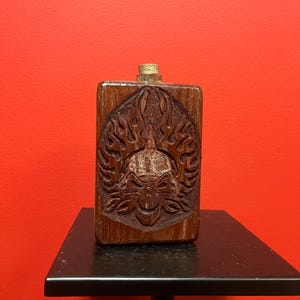 Lovely old 6 x 4” skull flask — ready to use— unique wooden beauty