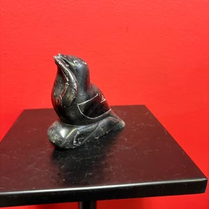 4 x 4 inch signed indigenous first nations, Inuit soapstone seal and salmon — good condition — great value